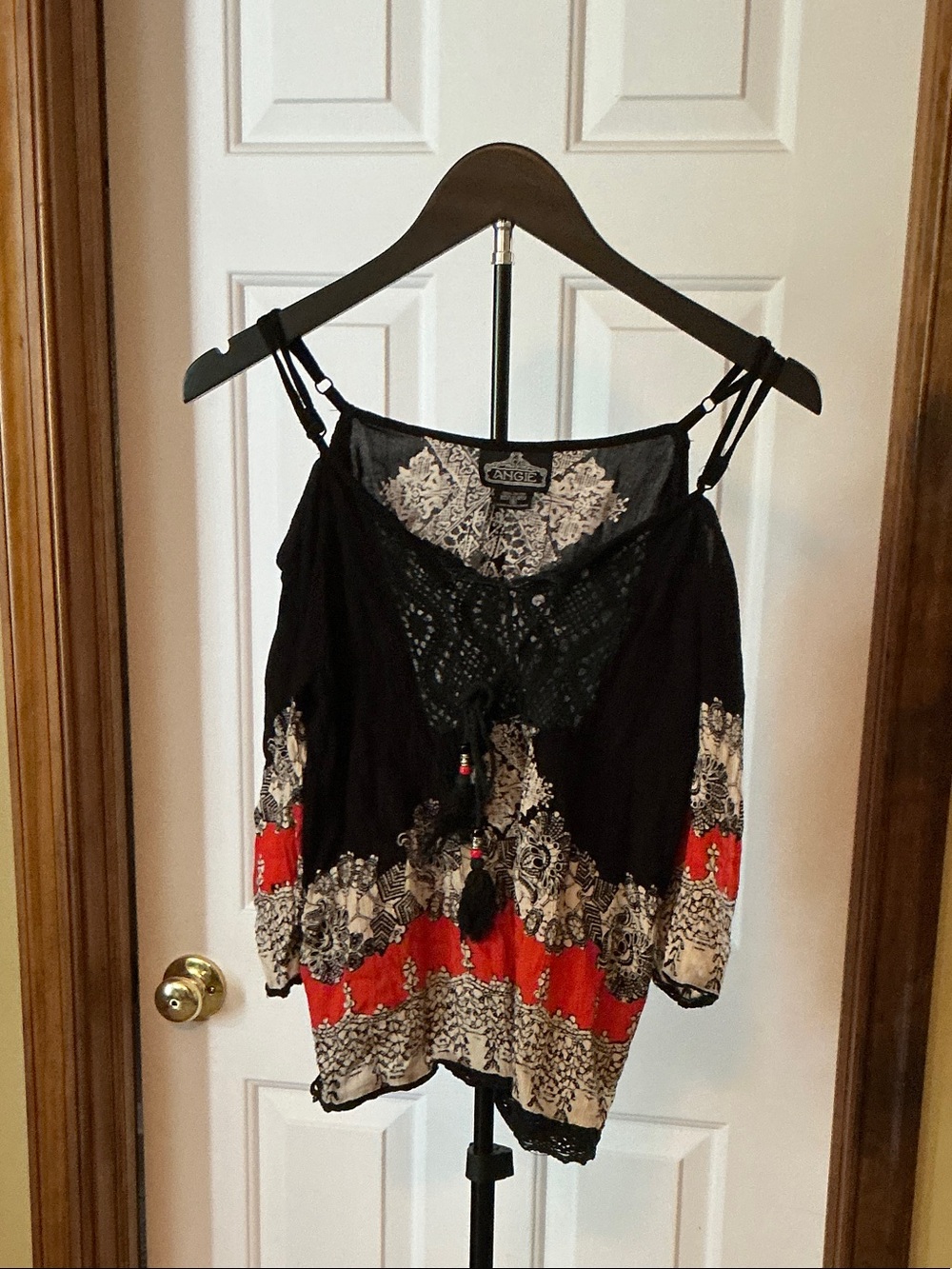 Angie Black and Red Cold-Shoulder Boho Camisole